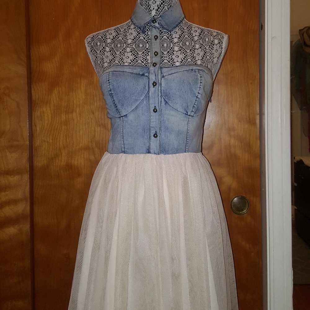 Akira Denim and Tulle Halter Dress
